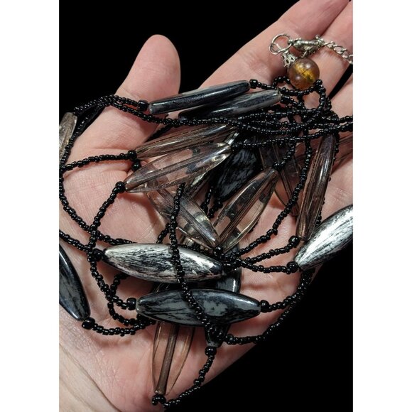 Modern Black Glass And Smoky Grey Beaded Layered Necklace - Picture 3 of 6